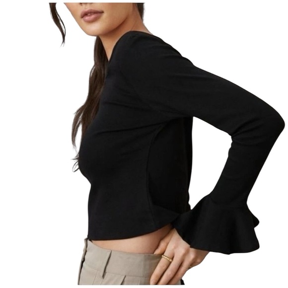 Maeve Tops - Maeve Elegant Black Long Sleeve Crew Neck Ruffle Sleeve Cropped Top Whimsigoth